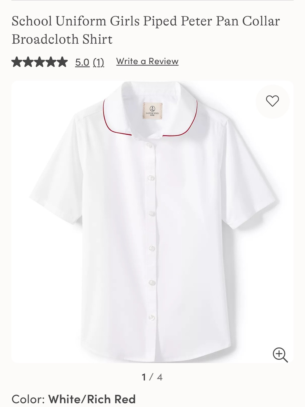 Lands' End White Peter Pan Collar School Shirt with Rich Red Piping